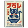 Illustrazione di gatti che cucinano ramen in una cucina, con toni blu e grigi - in una cornice nera