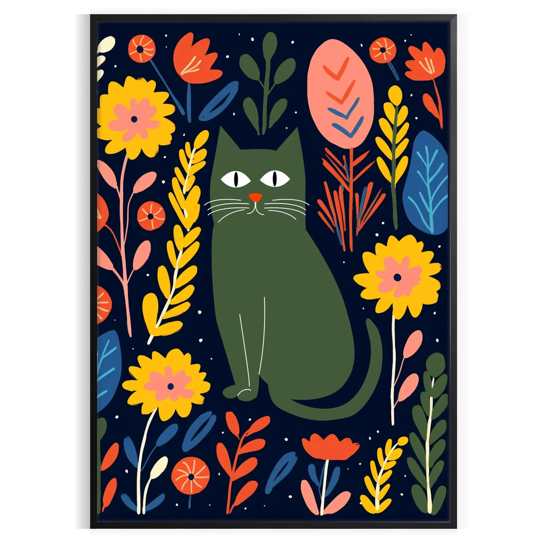 Stylized black cat silhouette against a green abstract background