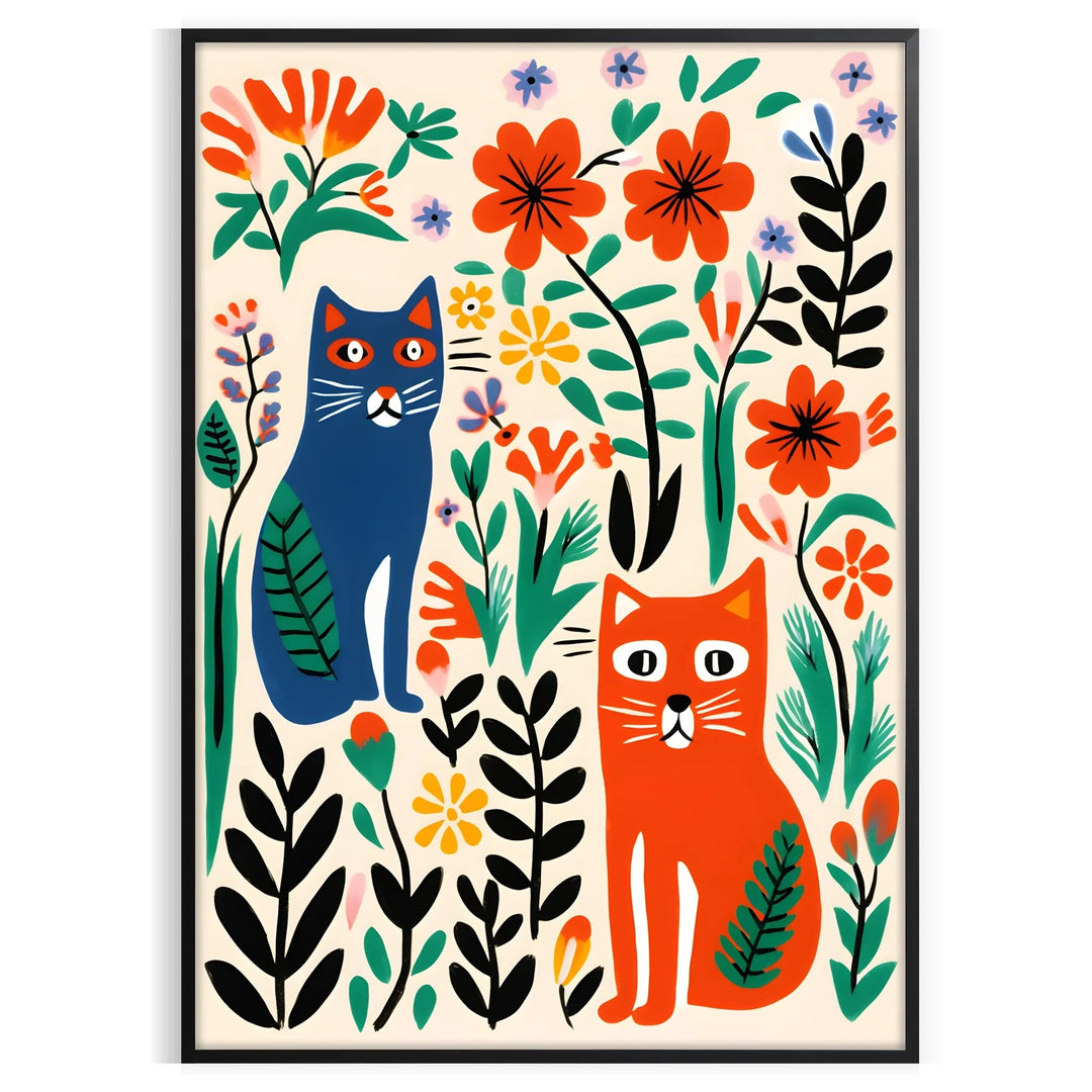 A playful cat illustration with animal print patterns in green and orange hues