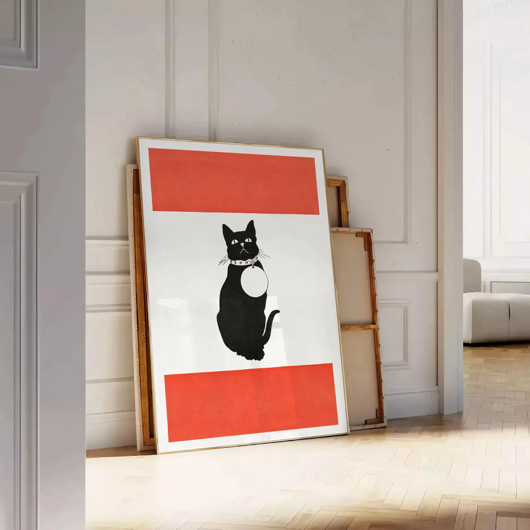 A stylized black and orange cat silhouette against a textured background - leaning on a herringbone floor against a white panelled wall
