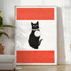 A stylized black and orange cat silhouette against a textured background - in a bright minimalist room with a plant and an armchair