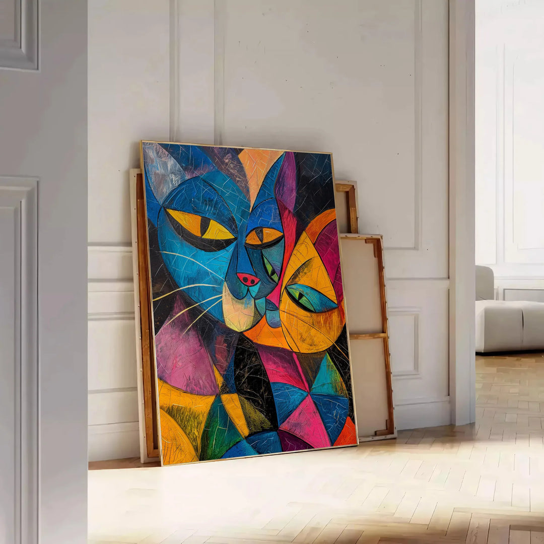 A whimsical cat illustration with green and blue tones in a dreamy space setting - leaning on a herringbone floor against a white panelled wall