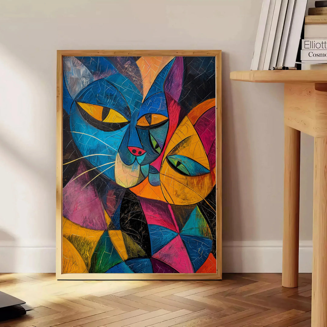 A whimsical cat illustration with green and blue tones in a dreamy space setting - beside a round wooden side table with books