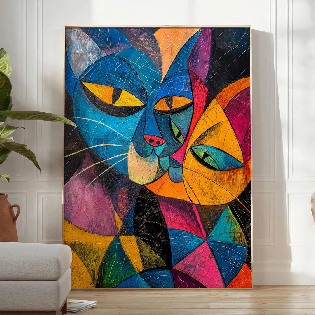 A whimsical cat illustration with green and blue tones in a dreamy space setting - in a bright minimalist room with a plant and an armchair