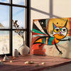 A whimsical cat in space, featuring green and orange colors - leaning on a herringbone floor against a white panelled wall