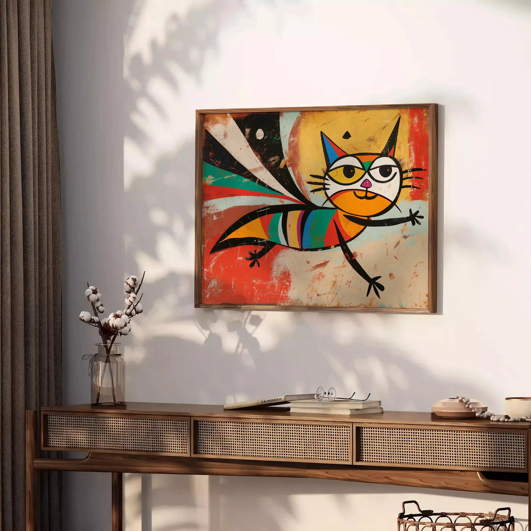 A whimsical cat in space, featuring green and orange colors - styled on a counter with eucalyptus and a bowl of lemons