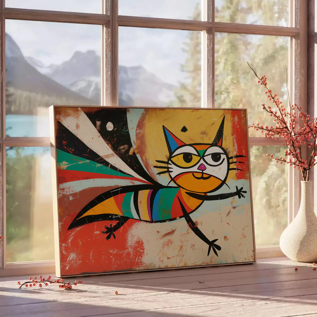 A whimsical cat in space, featuring green and orange colors - beside a round wooden side table with books