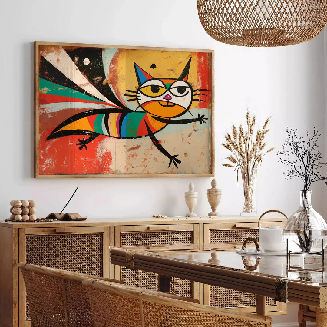 A whimsical cat in space, featuring green and orange colors - in a Parisian living room with a sofa and a fig plant