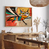 A whimsical cat in space, featuring green and orange colors - in a Parisian living room with a sofa and a fig plant