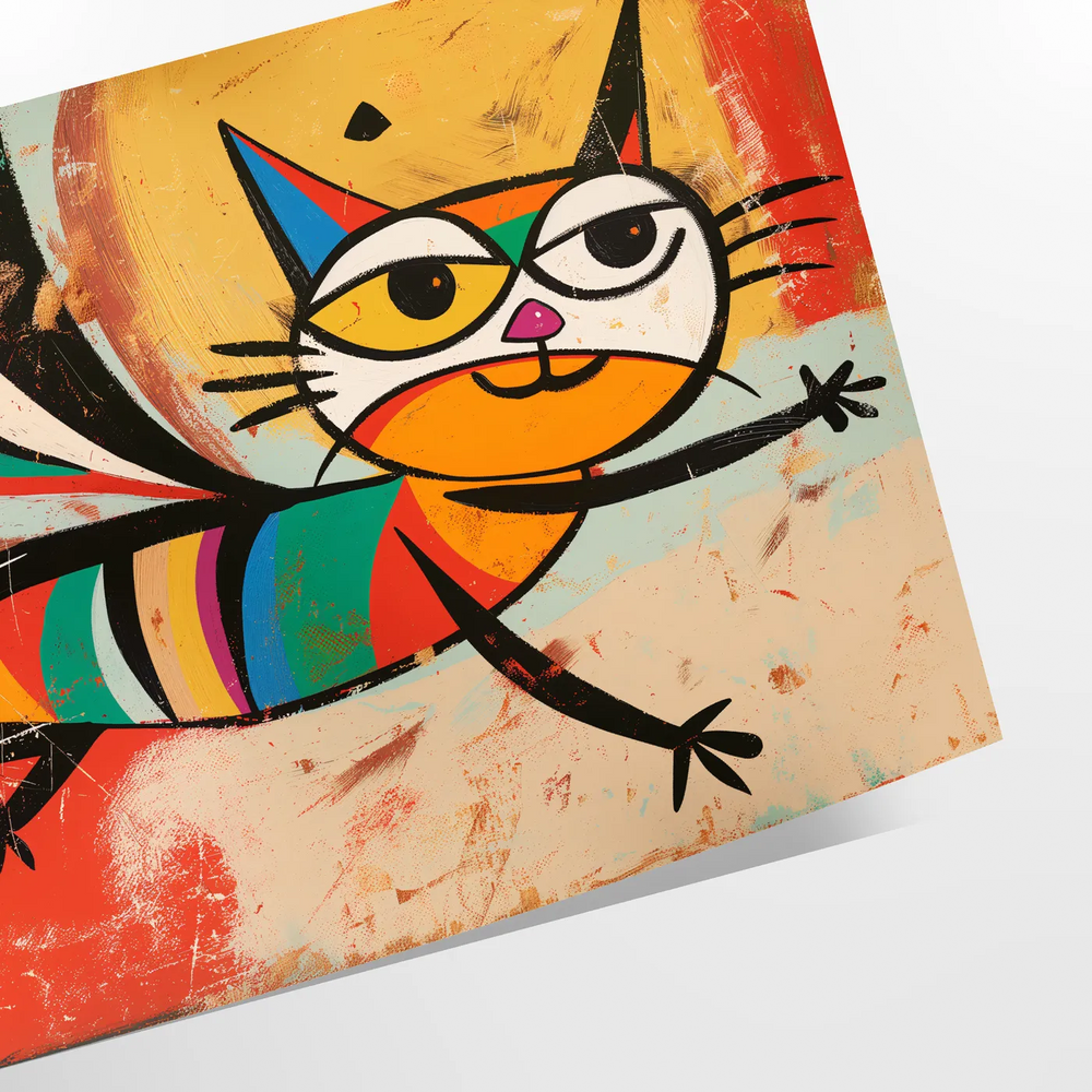 A whimsical cat in space, featuring green and orange colors