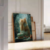 A realistic depiction of a cat in soft gray and green tones - leaning on a herringbone floor against a white panelled wall