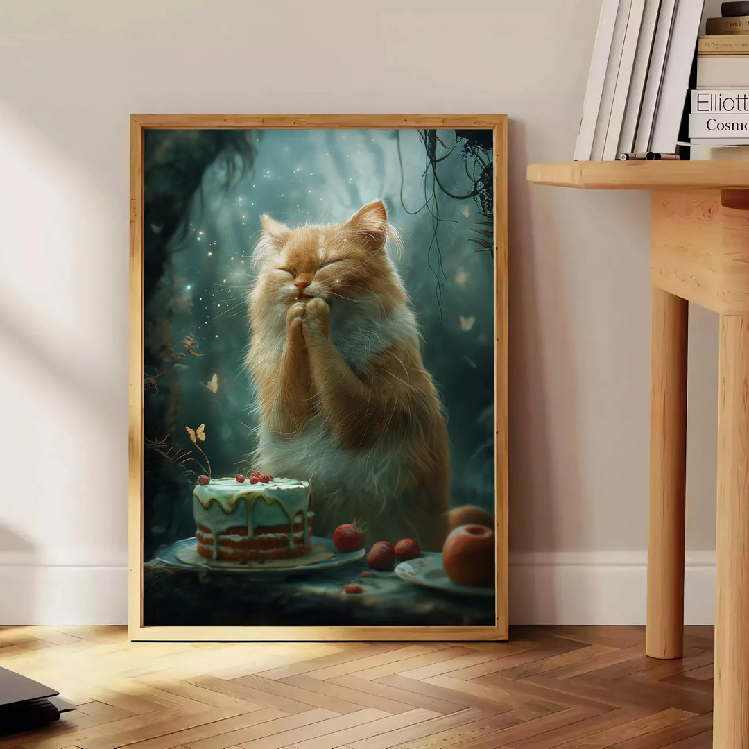 A realistic depiction of a cat in soft gray and green tones - beside a round wooden side table with books