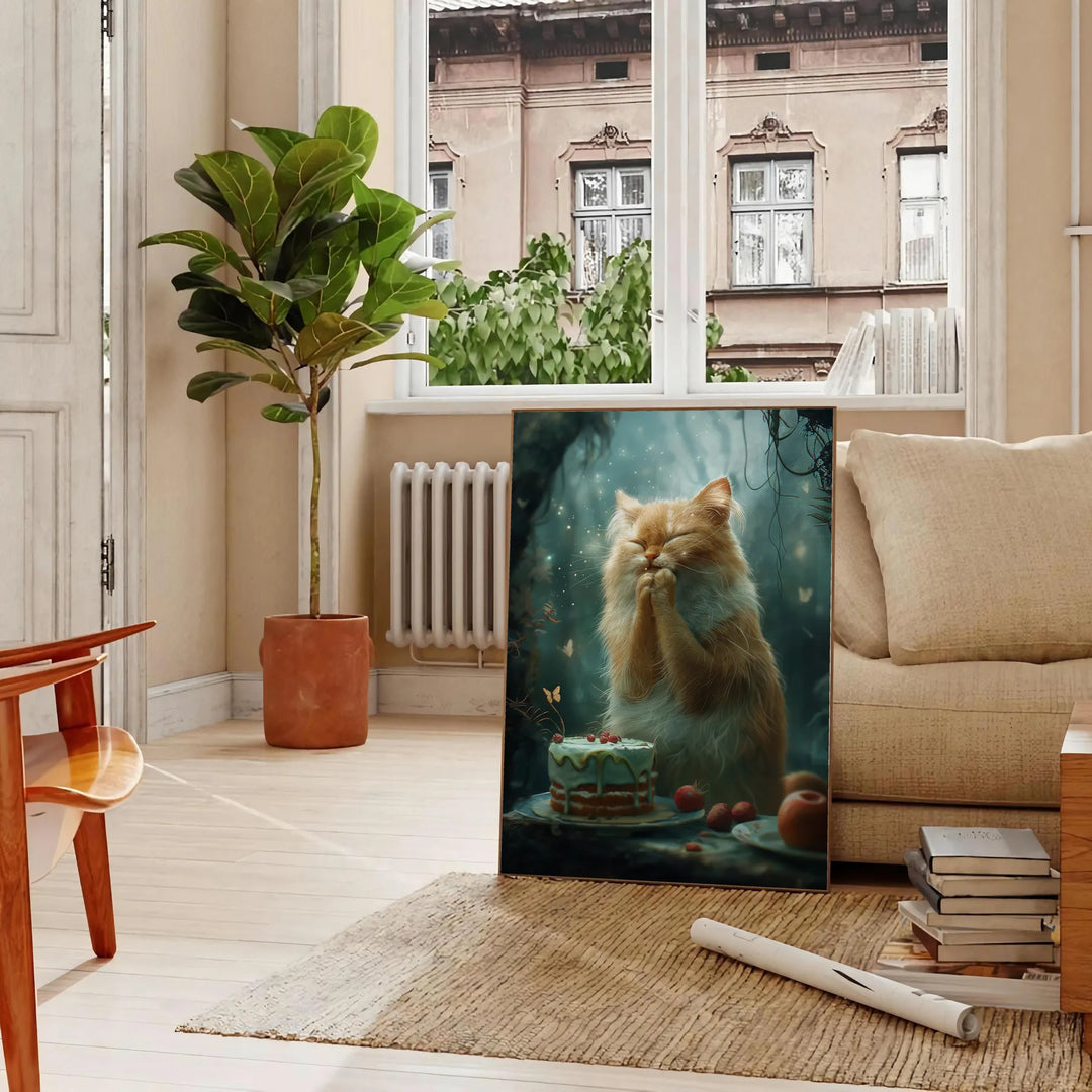 A realistic depiction of a cat in soft gray and green tones - in a Parisian living room with a sofa and a fig plant
