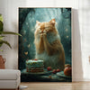 A realistic depiction of a cat in soft gray and green tones - in a bright minimalist room with a plant and an armchair
