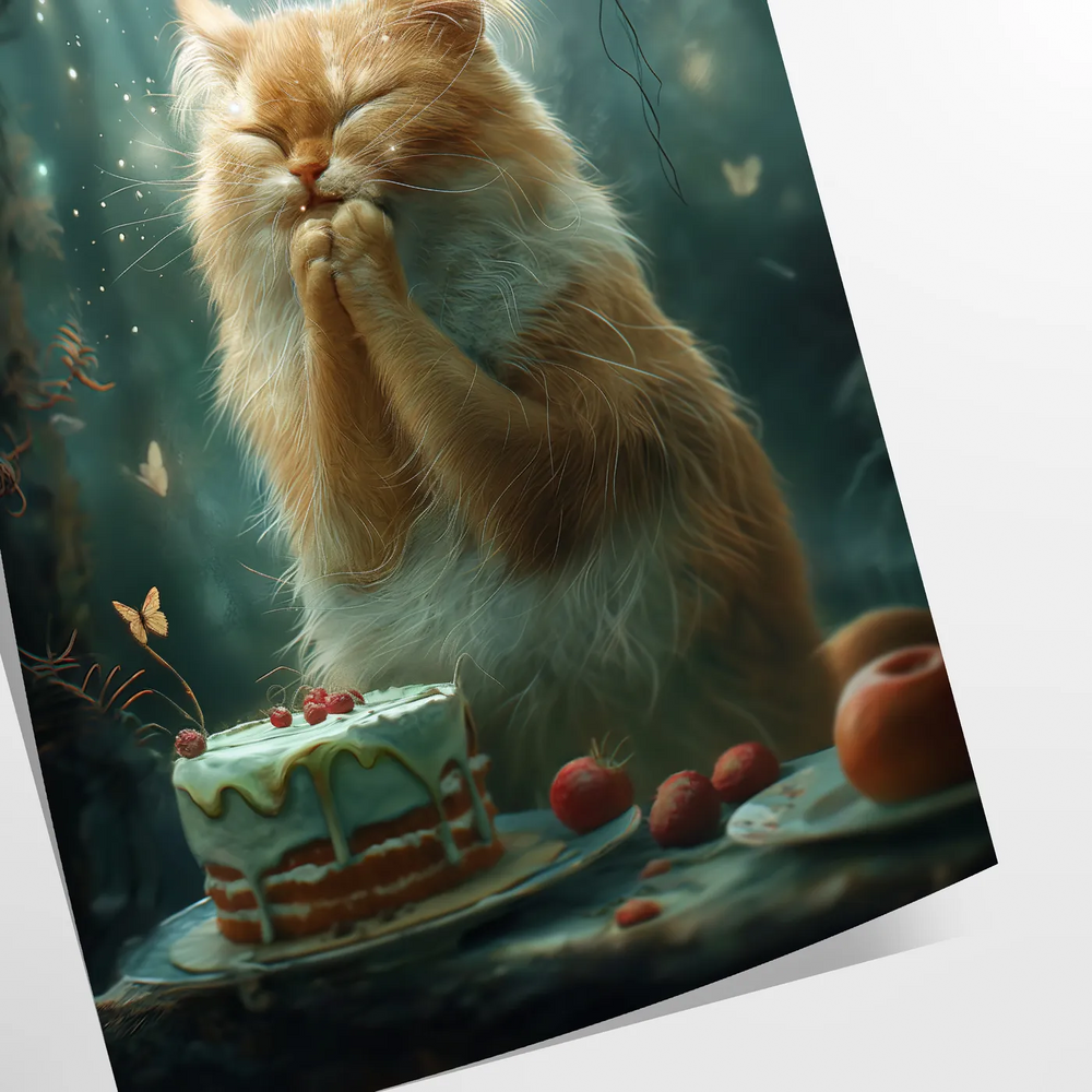 A realistic depiction of a cat in soft gray and green tones