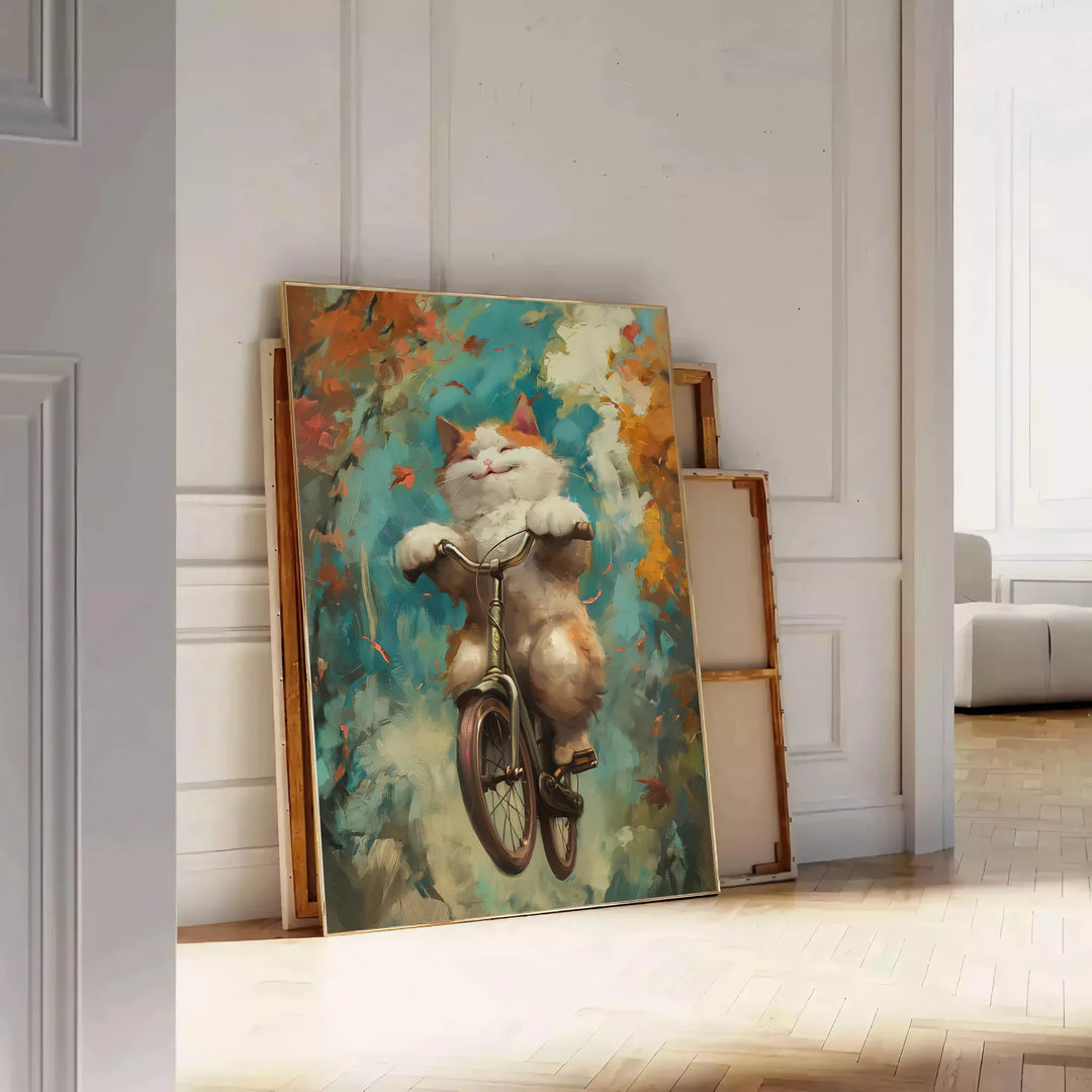 A realistic depiction of a cat with gray and green tones - leaning on a herringbone floor against a white panelled wall