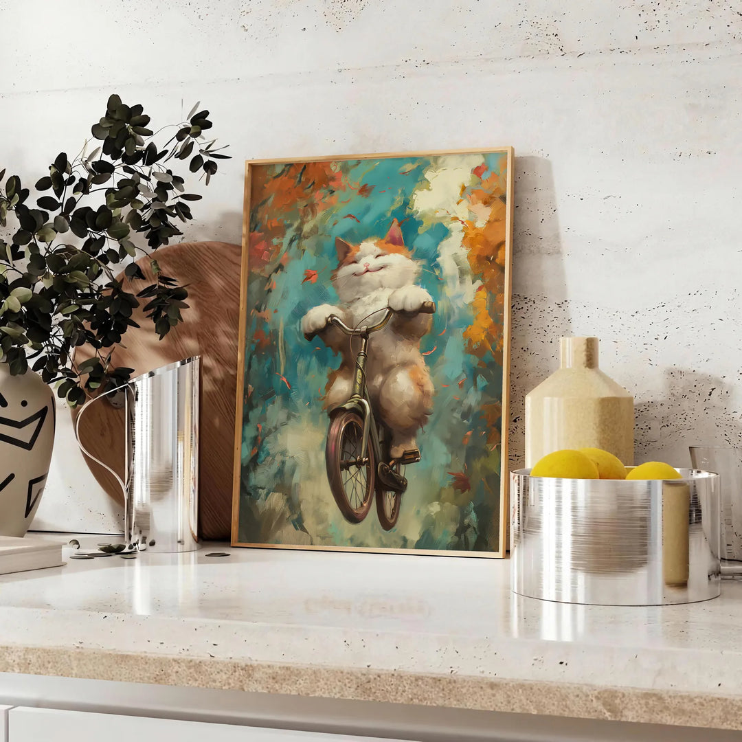 A realistic depiction of a cat with gray and green tones - styled on a counter with eucalyptus and a bowl of lemons