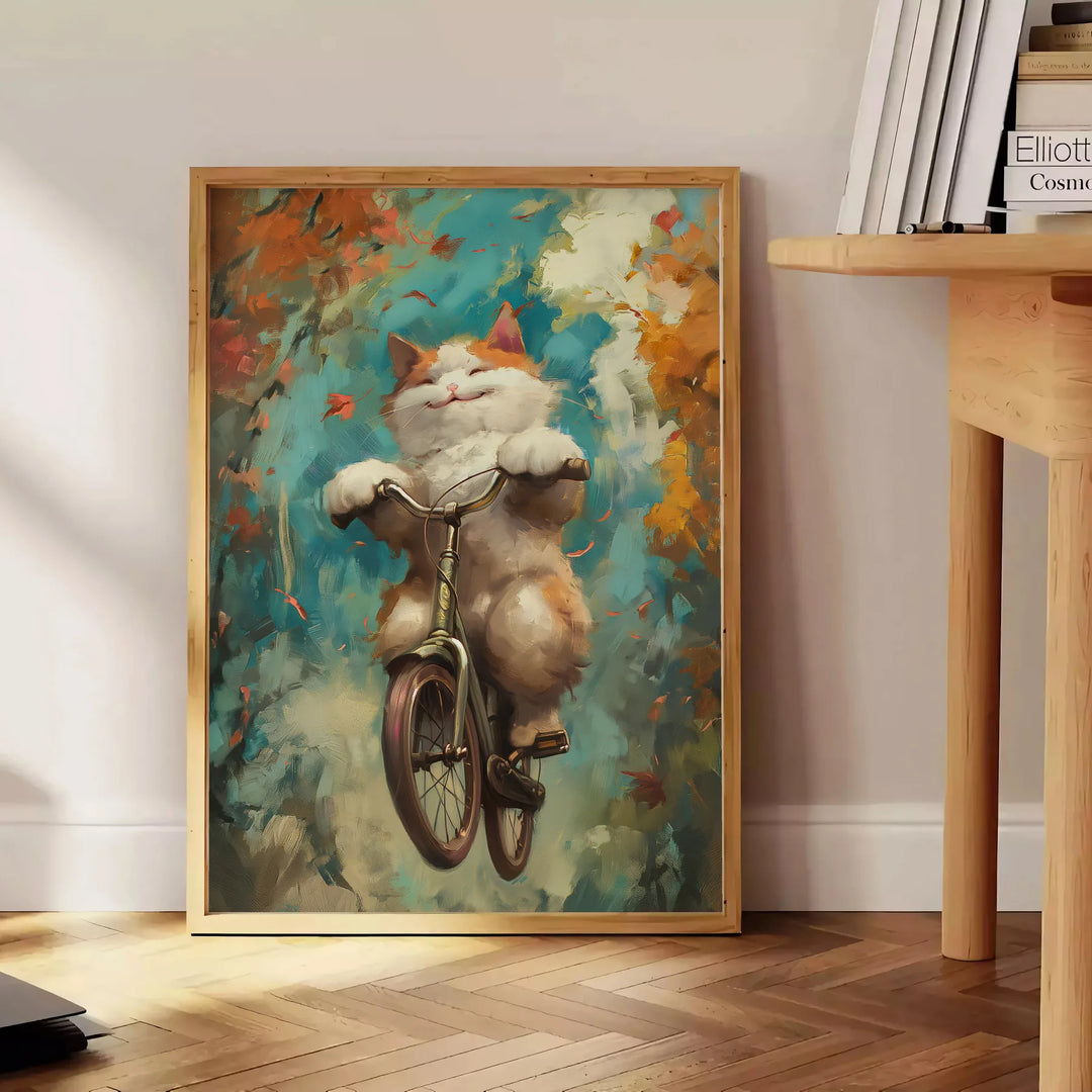 A realistic depiction of a cat with gray and green tones - beside a round wooden side table with books