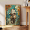 A realistic depiction of a cat with gray and green tones - beside a round wooden side table with books
