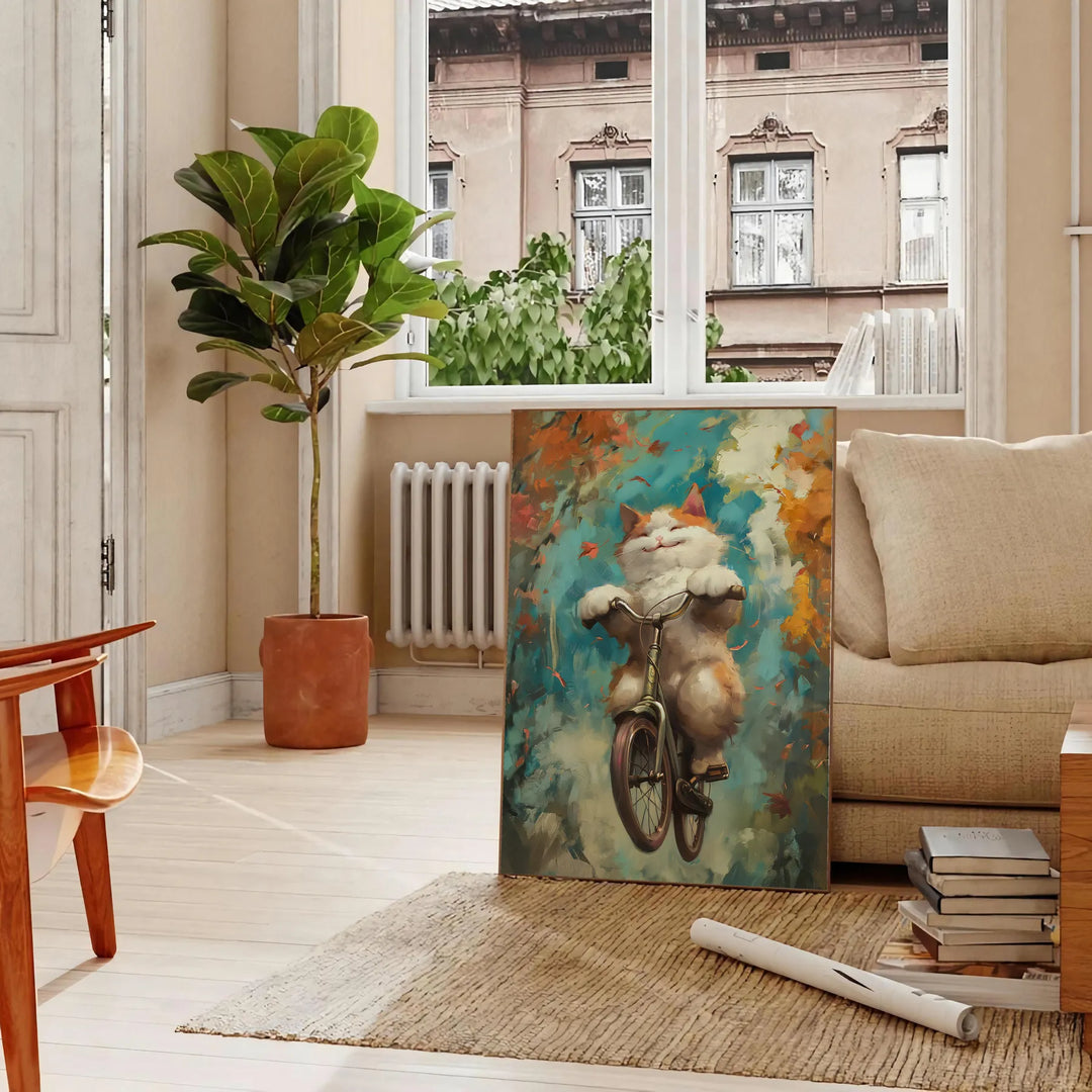 A realistic depiction of a cat with gray and green tones - in a Parisian living room with a sofa and a fig plant