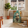 A realistic depiction of a cat with gray and green tones - in a Parisian living room with a sofa and a fig plant