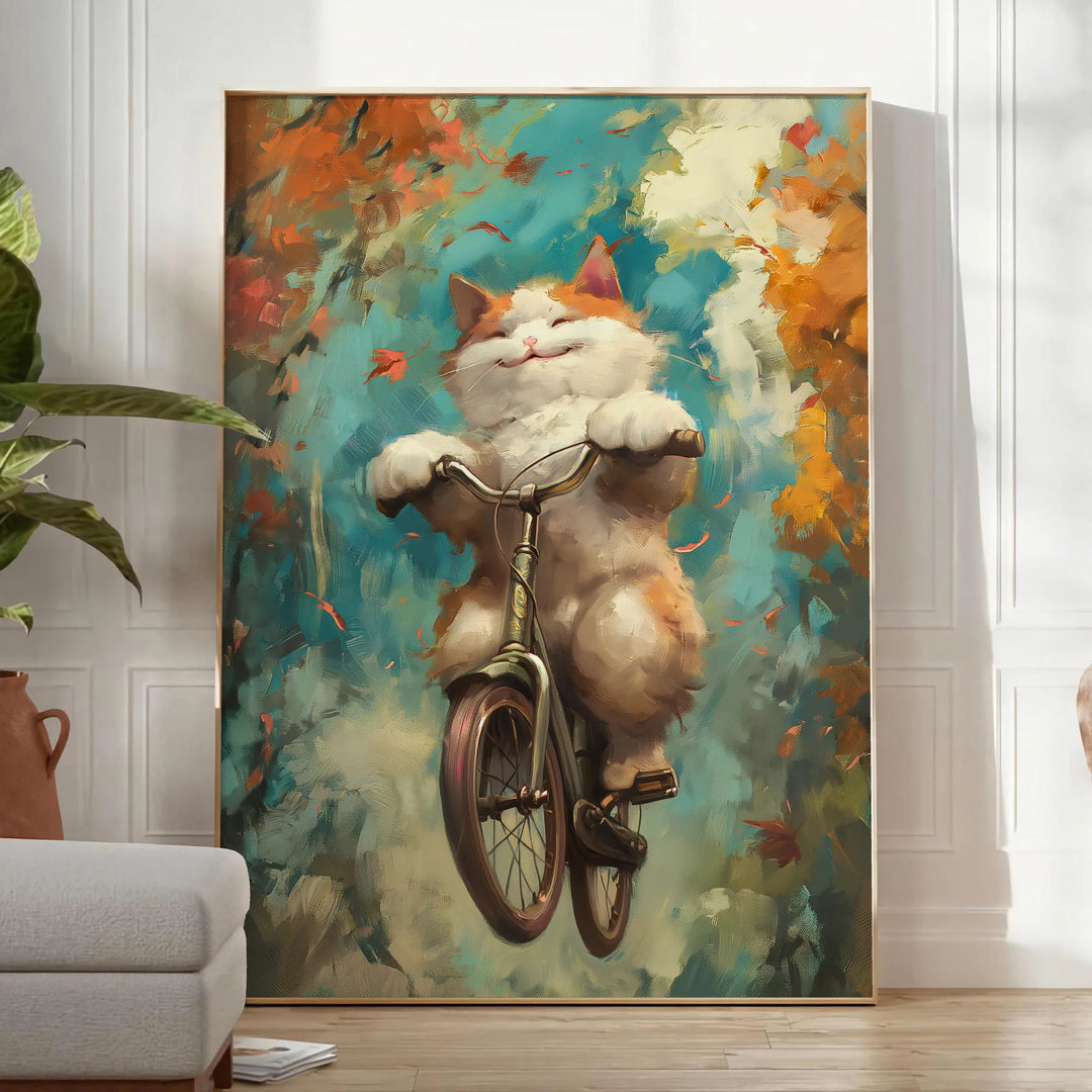 A realistic depiction of a cat with gray and green tones - in a bright minimalist room with a plant and an armchair