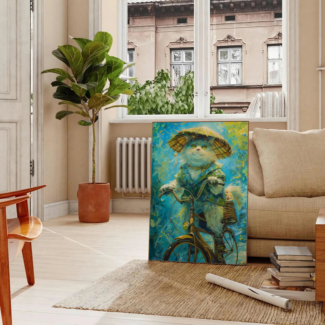 Eine verspielte Katze, die zwischen grünen und blauen Farbtönen liegt - in einem Pariser Wohnzimmer mit Sofa und einer Geigenfeige
