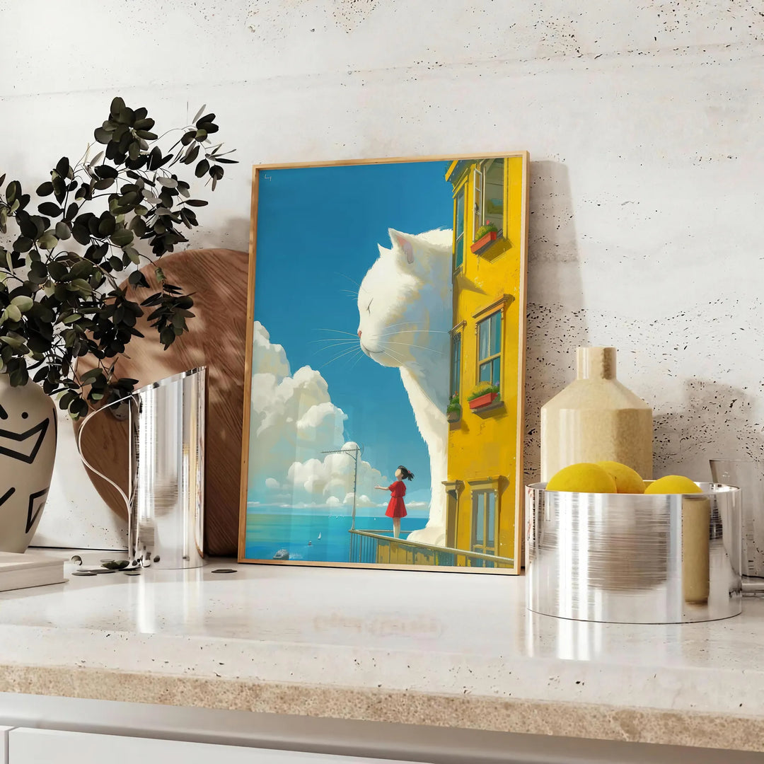 A cat gazing into space with green and blue hues - styled on a counter with eucalyptus and a bowl of lemons