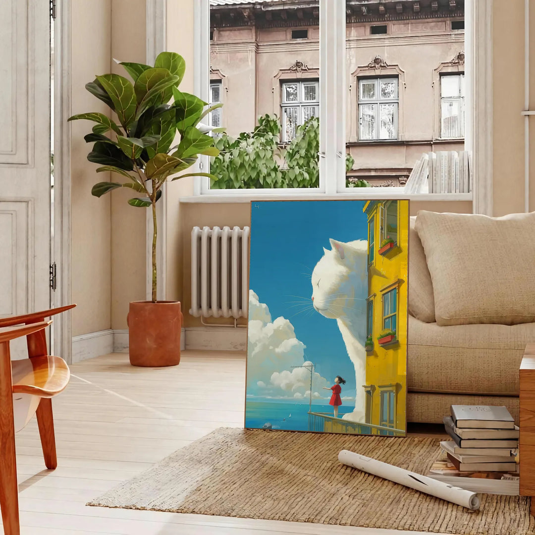 A cat gazing into space with green and blue hues - in a Parisian living room with a sofa and a fig plant