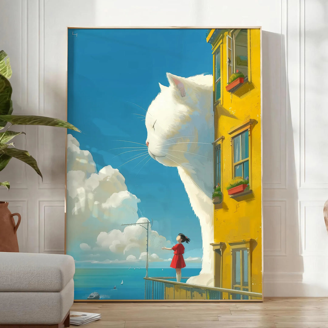 A cat gazing into space with green and blue hues - in a bright minimalist room with a plant and an armchair