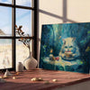 A whimsical cat floating in space with green and blue hues - leaning on a herringbone floor against a white panelled wall