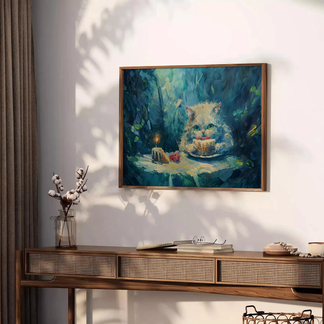 A whimsical cat floating in space with green and blue hues - styled on a counter with eucalyptus and a bowl of lemons