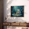 A whimsical cat floating in space with green and blue hues - styled on a counter with eucalyptus and a bowl of lemons