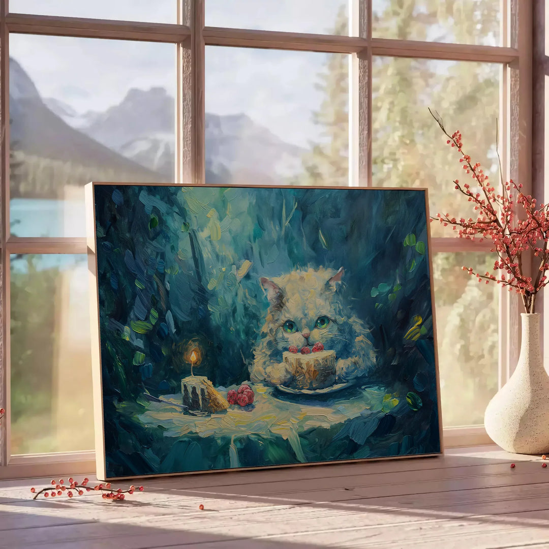 A whimsical cat floating in space with green and blue hues - beside a round wooden side table with books