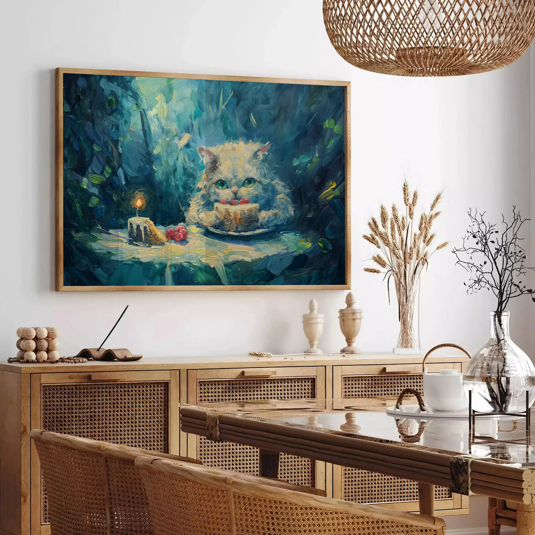 A whimsical cat floating in space with green and blue hues - in a Parisian living room with a sofa and a fig plant