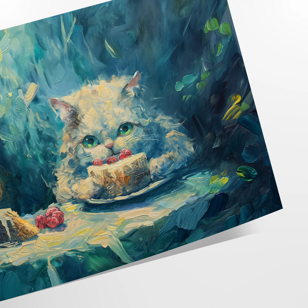 A whimsical cat floating in space with green and blue hues - as a rolled, unframed print