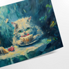A whimsical cat floating in space with green and blue hues - as a rolled, unframed print