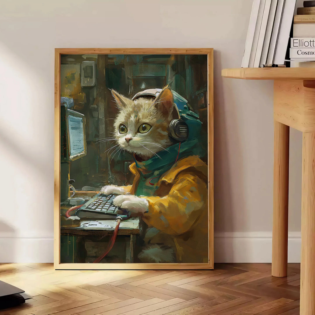 柔らかな緑色のトーンと遊び心のある詳細を持つ猫のイラスト - 本を置いた丸い木製サイドテーブルの横に