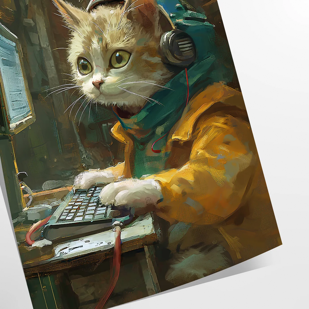 A playful cat illustration with soft green tones and whimsical details
