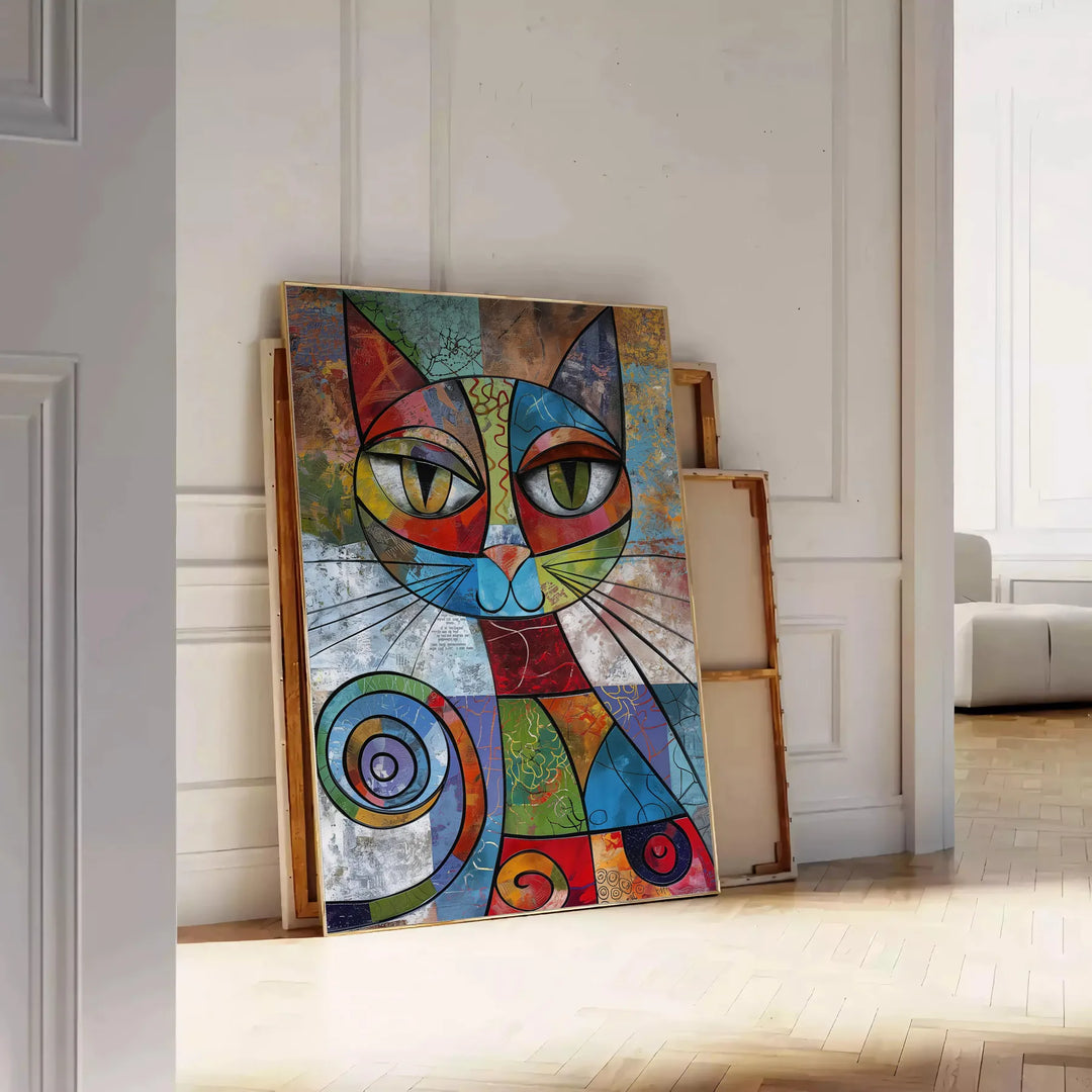 A playful cat illustration in gray and green tones - leaning on a herringbone floor against a white panelled wall