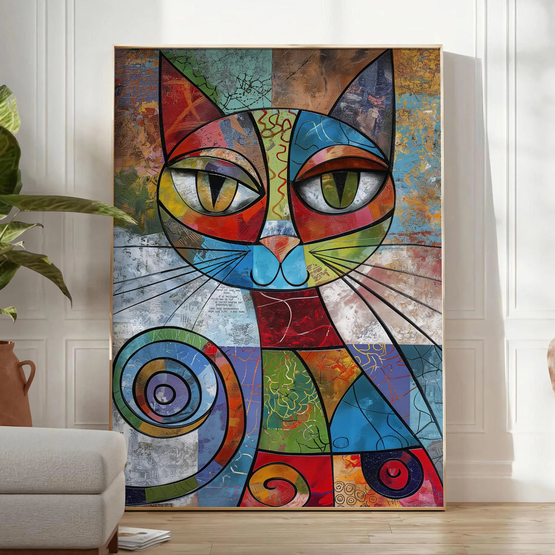 A playful cat illustration in gray and green tones - in a bright minimalist room with a plant and an armchair