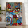 A playful cat illustration in gray and green tones - in a bright minimalist room with a plant and an armchair