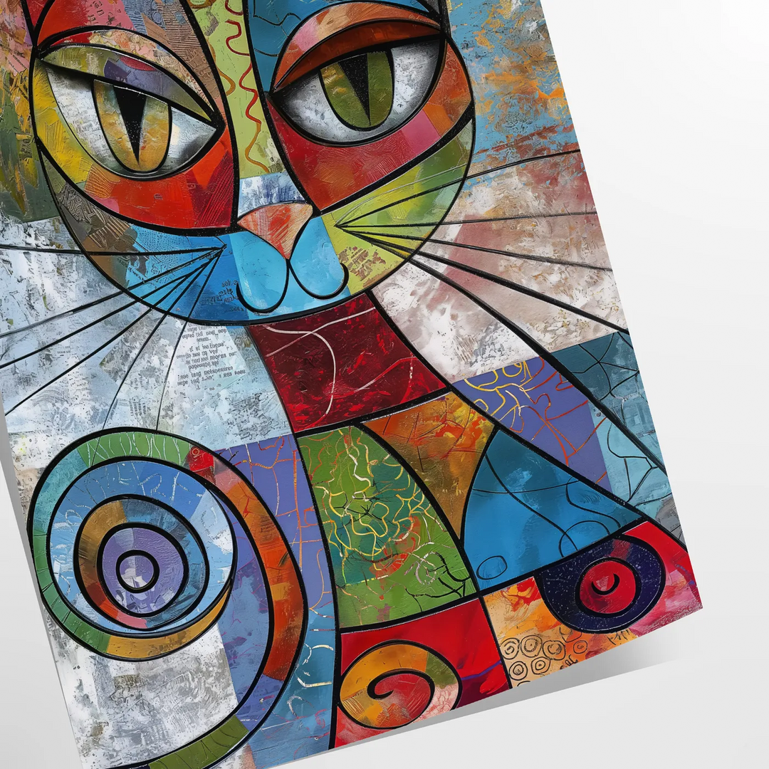 A playful cat illustration in gray and green tones - as a rolled, unframed print