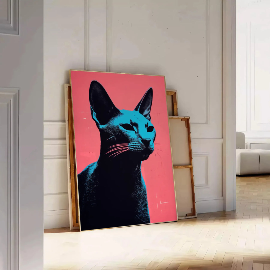 A stylized illustration of a cat in black and orange tones - leaning on a herringbone floor against a white panelled wall