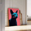 A stylized illustration of a cat in black and orange tones - leaning on a herringbone floor against a white panelled wall
