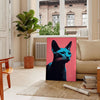 A stylized illustration of a cat in black and orange tones - in a Parisian living room with a sofa and a fig plant