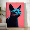 A stylized illustration of a cat in black and orange tones - in a bright minimalist room with a plant and an armchair