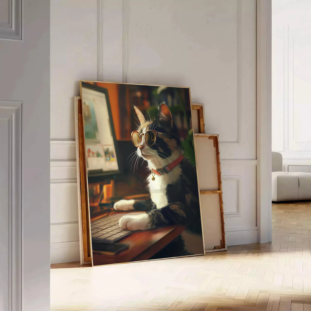A whimsical cat illustration with green and brown tones, featuring a cosmic background - leaning on a herringbone floor against a white panelled wall