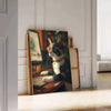 A whimsical cat illustration with green and brown tones, featuring a cosmic background - leaning on a herringbone floor against a white panelled wall