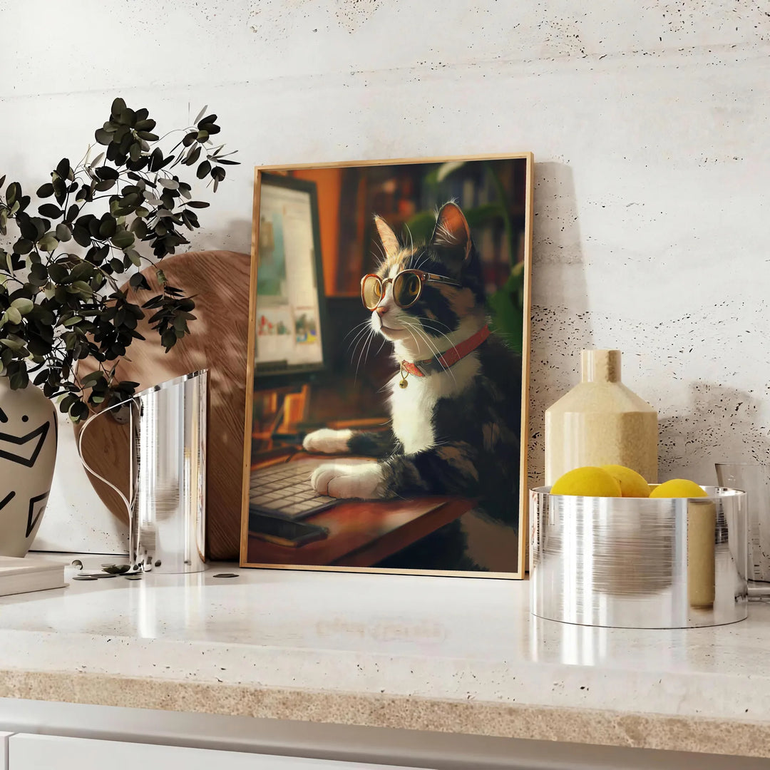 A whimsical cat illustration with green and brown tones, featuring a cosmic background - styled on a counter with eucalyptus and a bowl of lemons